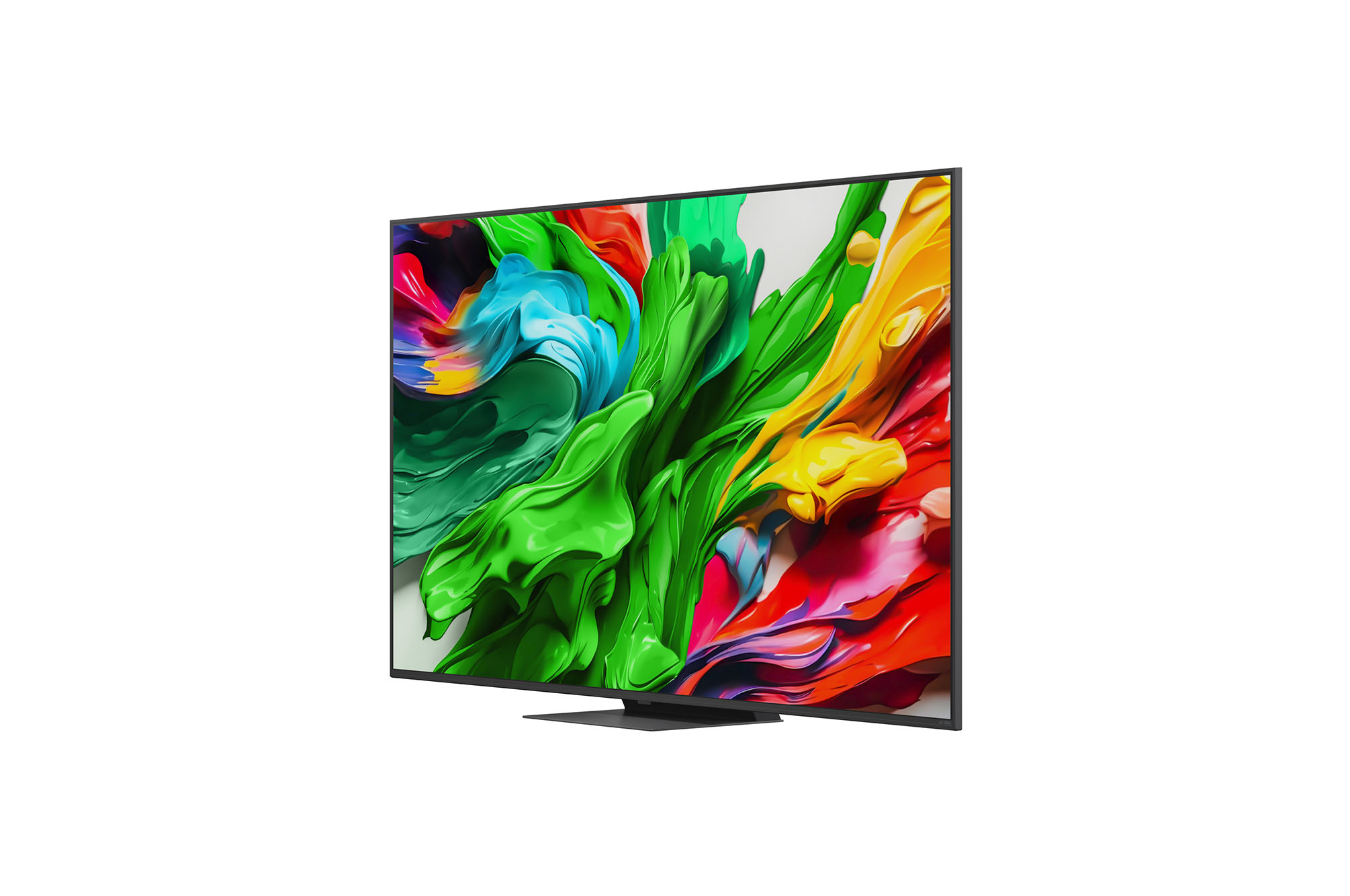 Front view and side view of LG QNED evo AI QNED85 4K Smart TV showing its length, width, height, and depth dimensions.