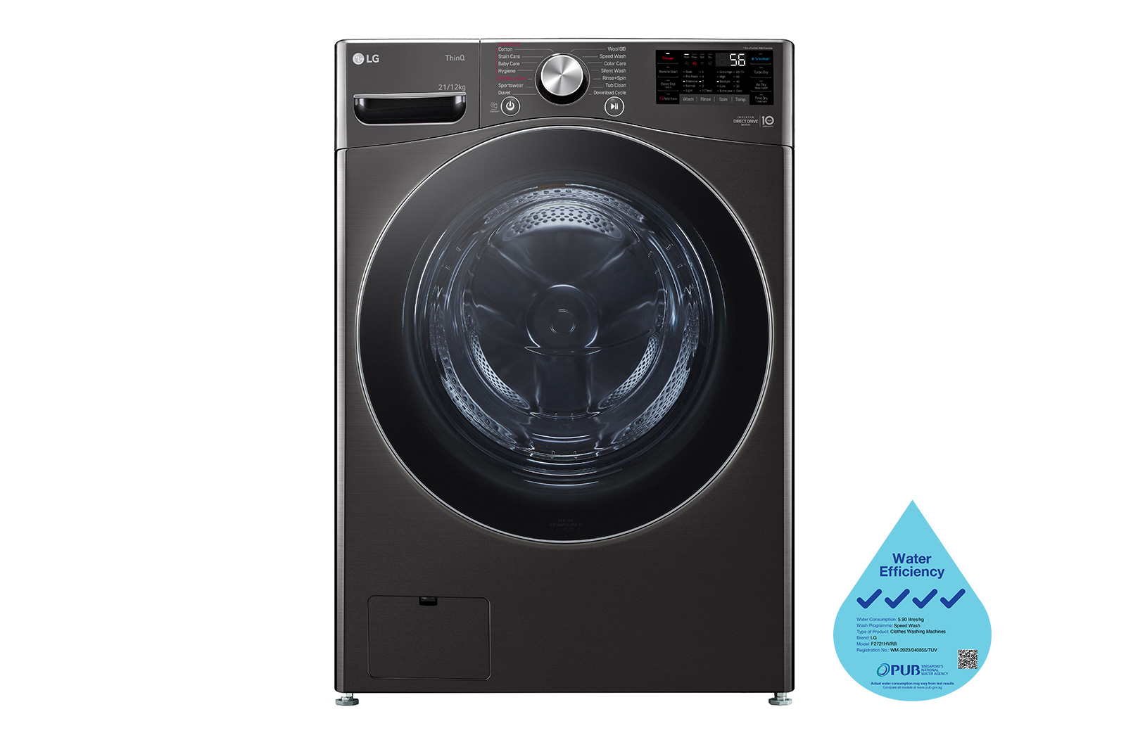 Front view of LG 21/12kg, AI Direct Drive Front Load Washer Dryer in Black Steel F2721HVRB