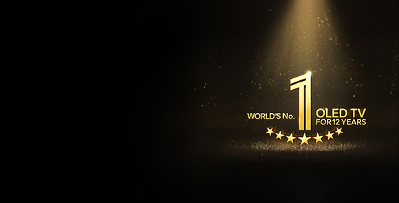 A gold emblem of World's number 1 OLED TV for 12 Years against a black backdrop. A spotlight shines on the emblem, and gold abstract stars fill the space.