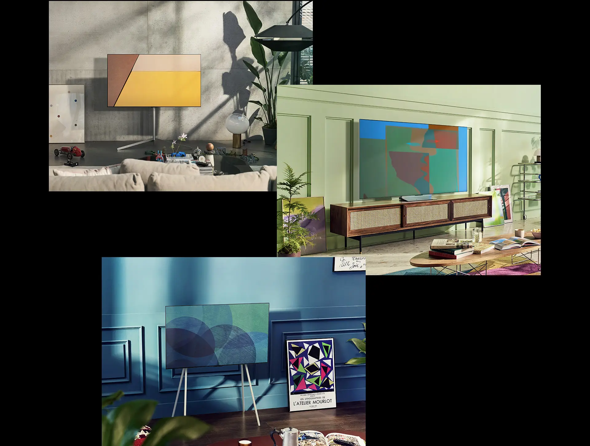 A wall-mounted LG OLED television in a living room with white brick walls and a plant A swivel stand LG OLED television is in a room A gallery stand LG OLED television is in a modern minimalist room A gallery stand LG OLED television is in a cosy room
