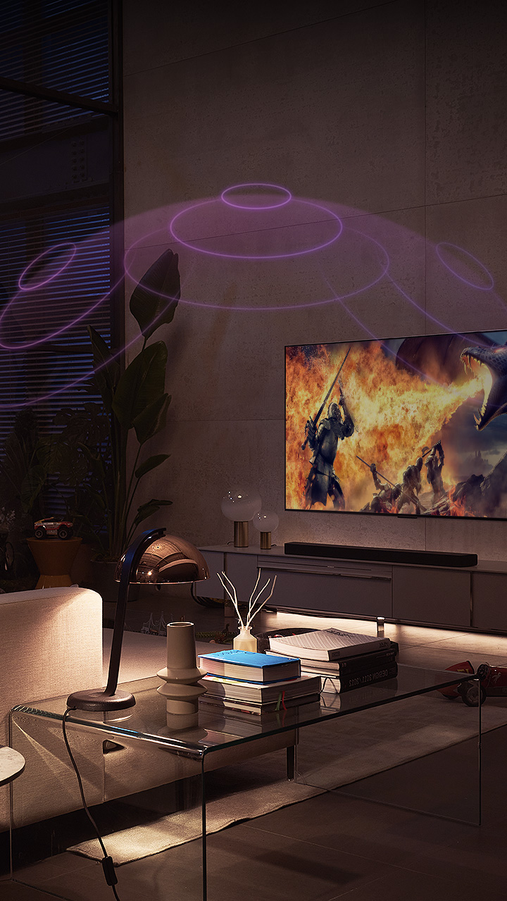 A wall-mounted LG OLED TV is in a white and bright room with natural decorations. As the screen moves, the scene changes from day to night. with Dolby Vision IQ logo