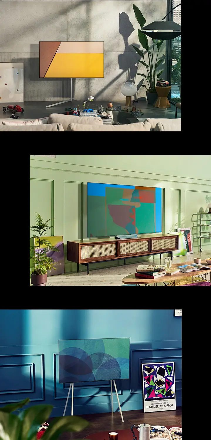 A wall-mounted LG OLED television in a living room with white brick walls and a plant A swivel stand LG OLED television is in a room A gallery stand LG OLED television is in a modern minimalist room A gallery stand LG OLED television is in a cosy room