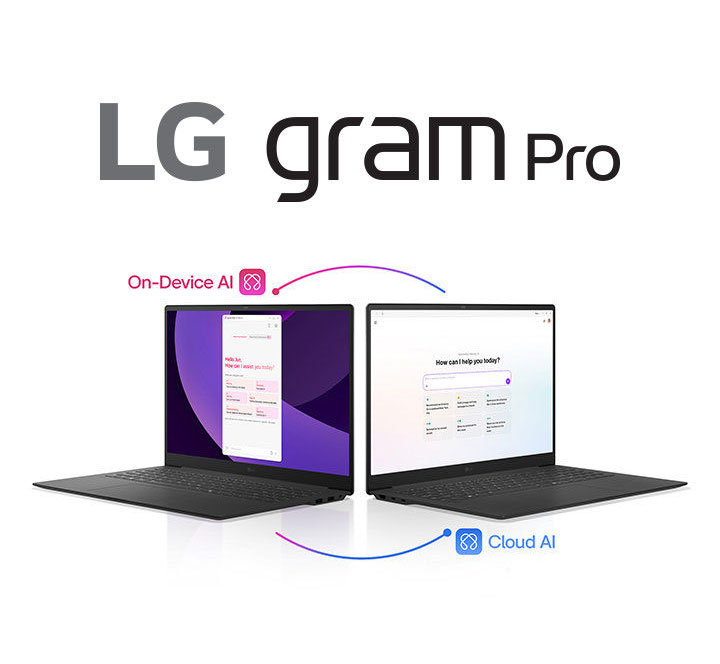 This image shows two laptops side by side, highlighting gram AI's On-Device AI and Cloud AI features.