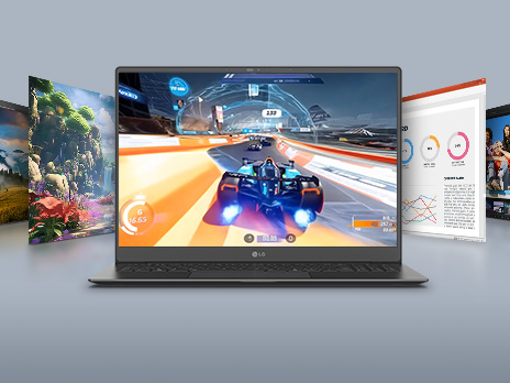 A laptop displaying an action-packed football scene on its screen with a highlighted text '31Hz - 144Hz,' surrounded by additional screens featuring diverse visuals. This setup emphasizes gaming and multimedia versatility with a variable refresh rate.