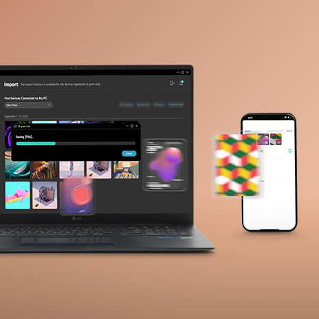 This image shows a laptop and a smartphone wirelessly sharing files. The laptop screen displays a file transfer progress window, while the smartphone screen shows a gallery of received files. A blurred, colorful file icon appears mid-transfer, illustrating the wireless sharing process.