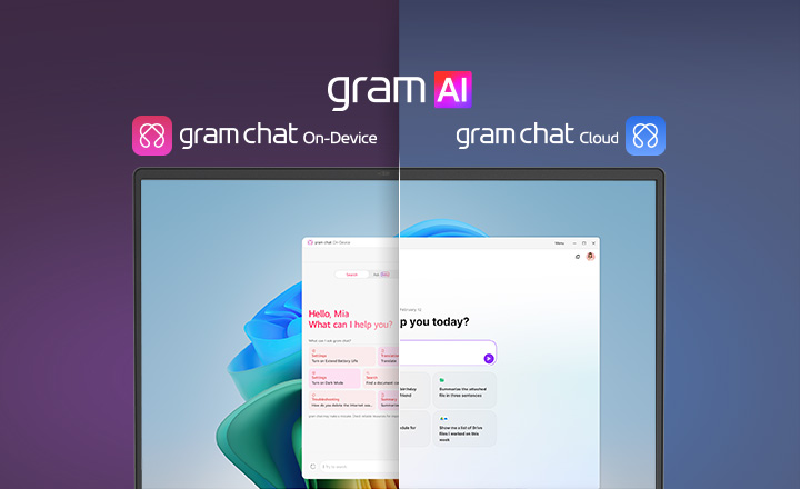 A split-screen image showcasing 'gram AI' with two distinct modes: 'gram chat On-Device' on the left, represented by a pink icon, and 'gram chat Cloud' on the right, represented by a blue icon. The screen displays an AI interface, symbolizing seamless AI functionality across both modes.