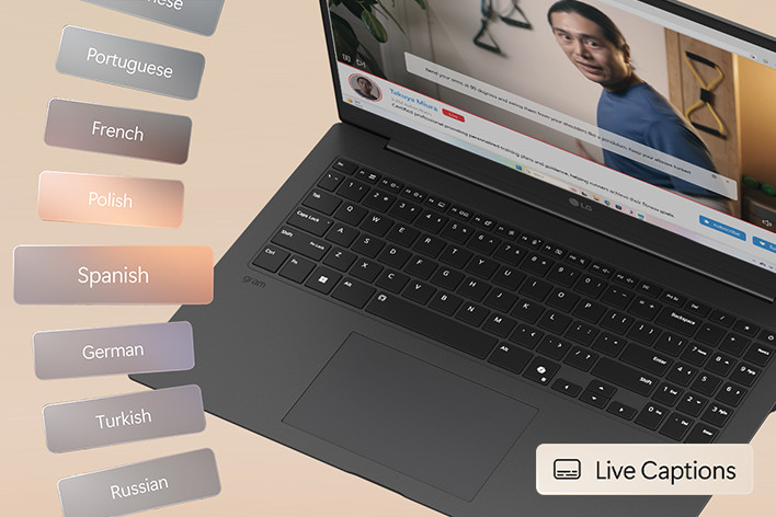 This image shows a laptop playing a video with live captions displayed on the screen. A list of languages, including Portuguese, French, Polish, Spanish, German, Turkish, and Russian, is shown on the left side, indicating multilingual caption support. A 'Live Captions' icon is visible in the bottom-right corner.