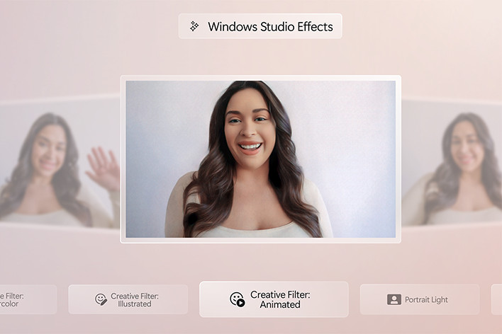 This image shows the 'Windows Studio Effects' feature applied to a video call. The main screen displays a person with an enhanced appearance using the 'Creative Filter: Animated' option, highlighted at the bottom. Additional filter options, such as 'Creative Filter: Illustrated' and 'Portrait Light,' are visible, suggesting customization for video effects.