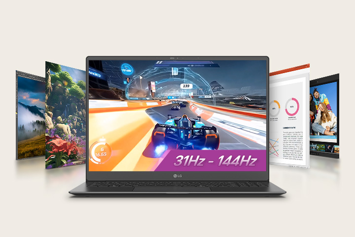An animation shows a laptop displaying an racing game of car scene on its screen with a highlighted text '31Hz - 144Hz,' surrounded by additional screens featuring diverse visuals. This setup emphasizes gaming and multimedia versatility with a variable refresh rate.