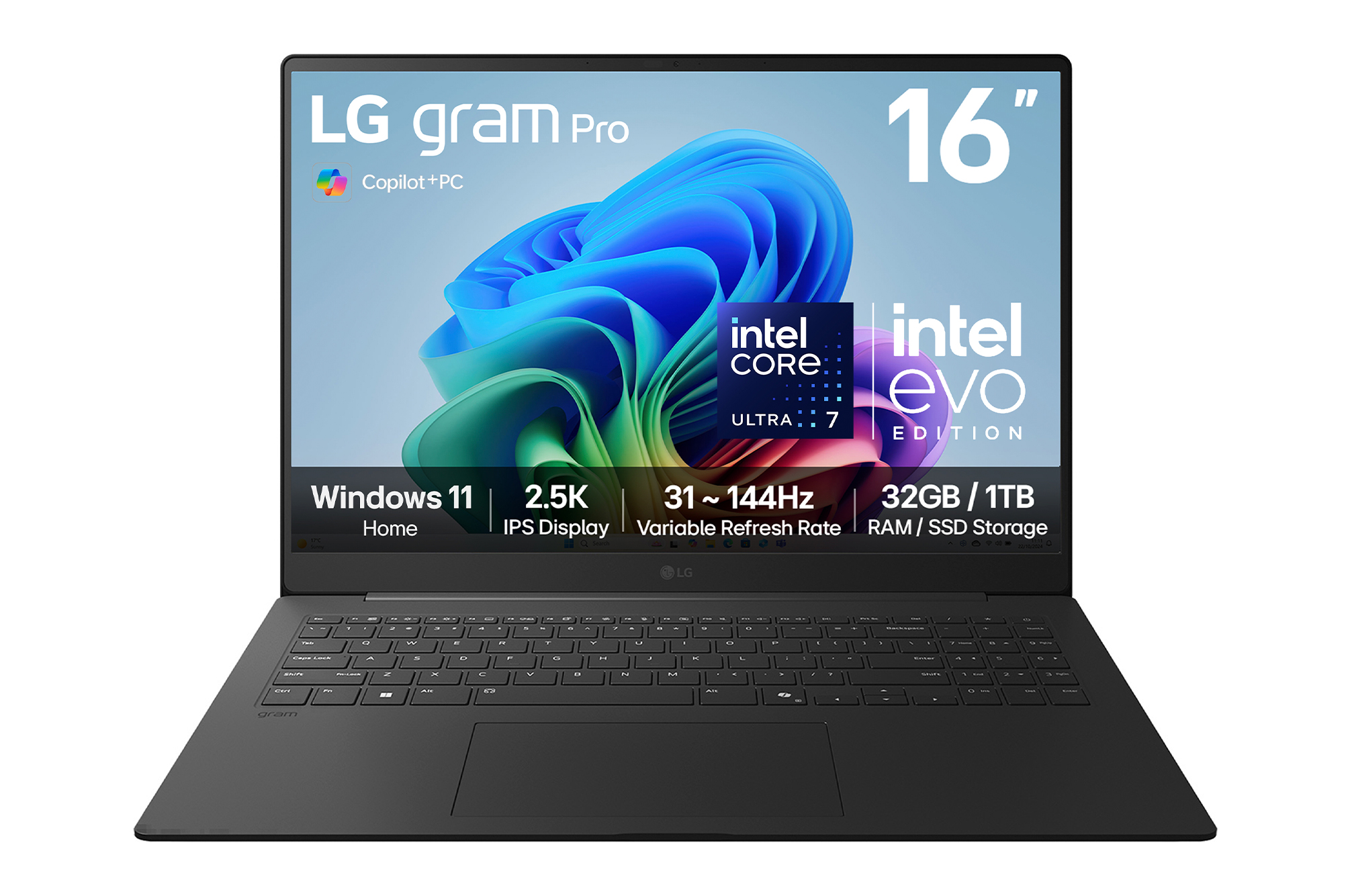 Front view of 16” LG gram Pro AI, Copilot+ PC, Windows 11 Home, Intel® Core™ Ultra Processor, Grey  16Z90TS-G.AU89A1