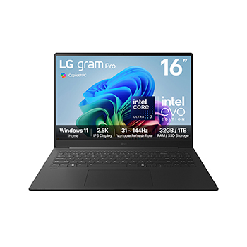 Front view of 16” LG gram Pro AI, Copilot+ PC, Windows 11 Home, Intel® Core™ Ultra Processor, Grey  16Z90TS-G.AU89A1