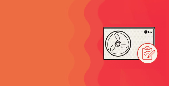 drawing of a air pump with lg logo on it over a gradient orange to red background 