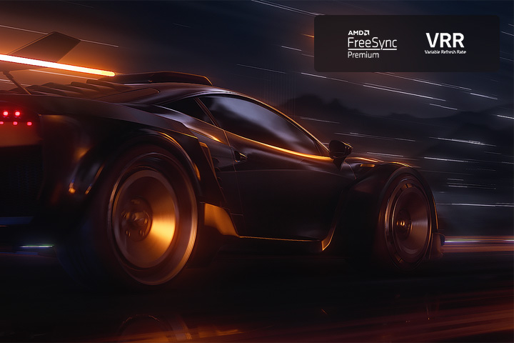 A blurry scene of a car driving fast in a racing game. The scene is refined, resulting in smooth and clear action. FreeSync Premium logo and VRR logo in the top right corner.	