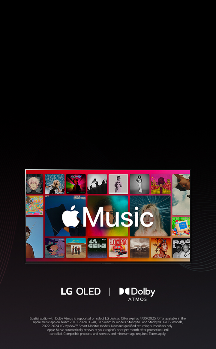 A grid layout of albums with the Apple Music logo overlayed, with LG OLED and Dolby Atmos Logo below.	
