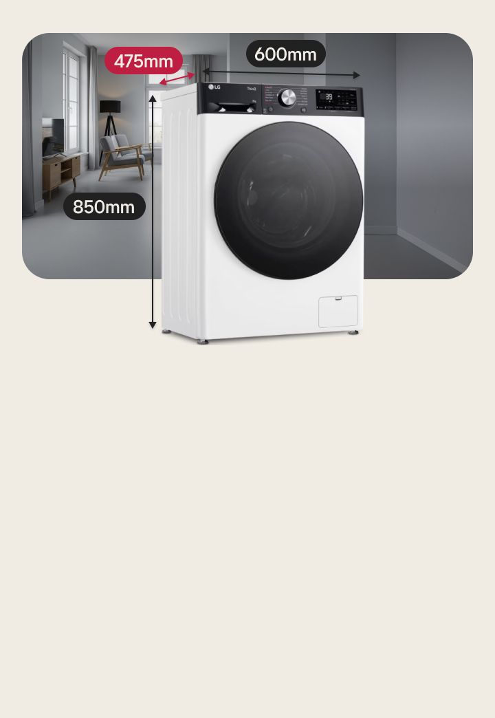 LG compact washing machine dimensions showing 475mm depth for tight spaces.