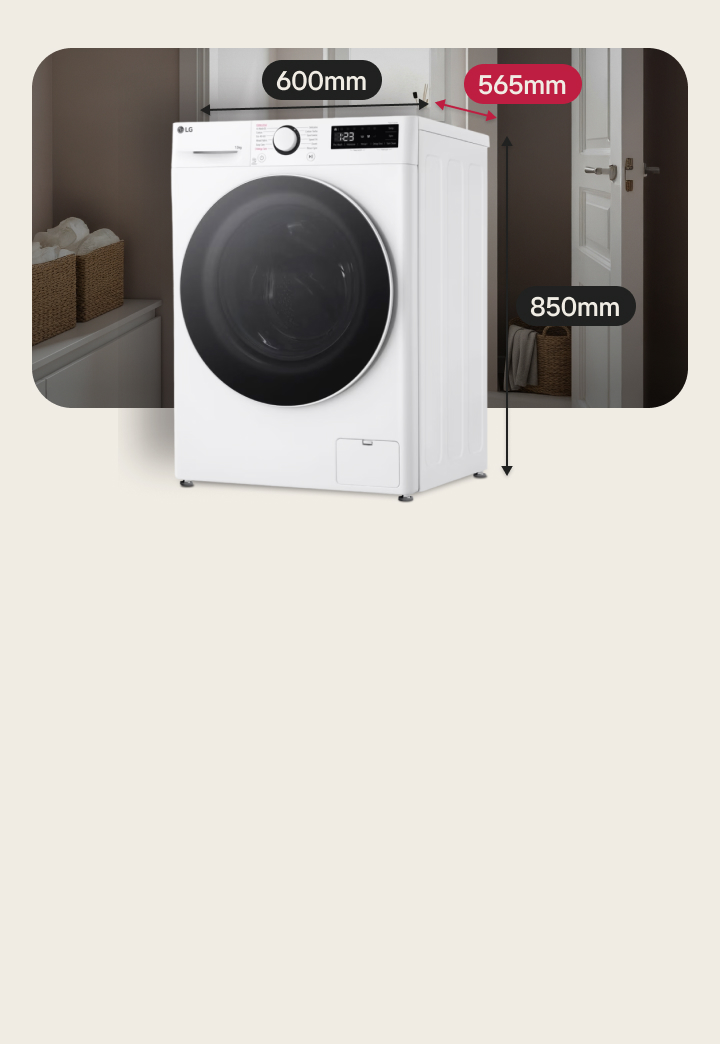LG small washing machine in white with 565mm depth ideal for narrow laundry rooms.