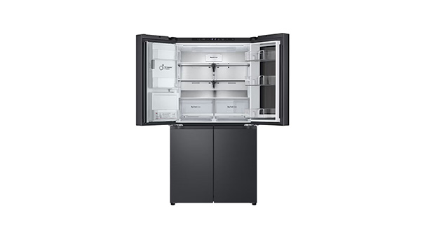 A clean, empty LG refrigerator with the doors wide open, showing shelves ready for use
