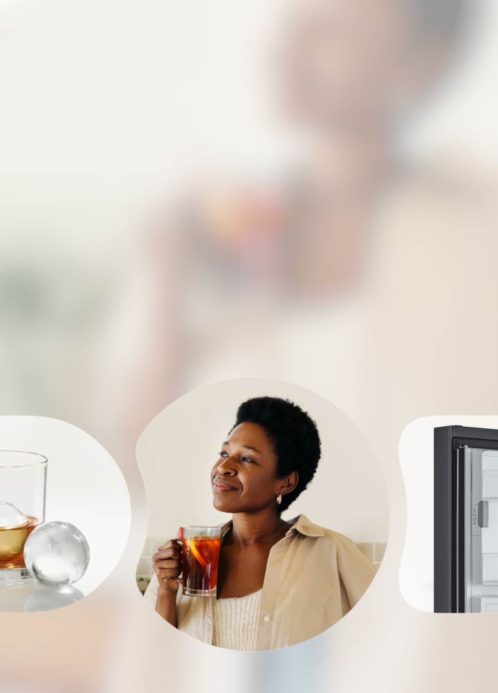 LG refrigerator, craft ice, woman enjoying a drink, and Slim SpacePlus™ in-door ice system shown in sequence