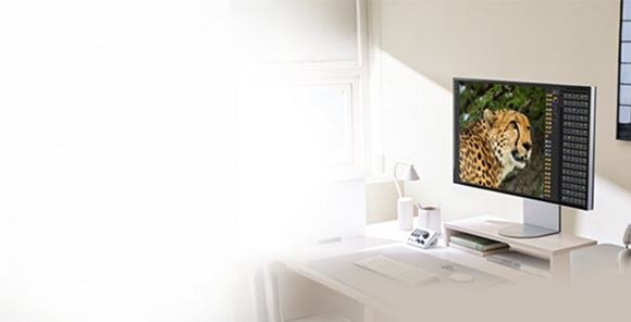 A home office desk setup up with an LG 6K monitor 