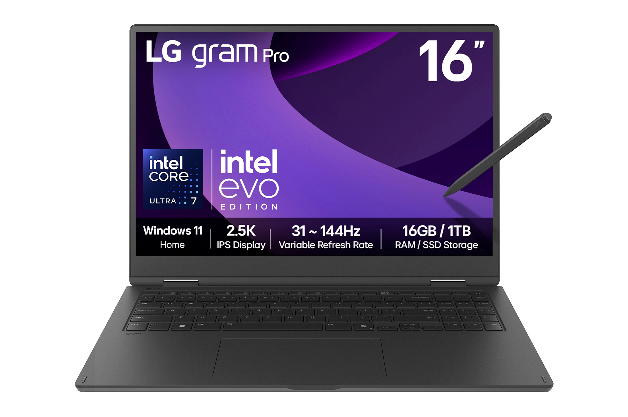 Front view of 16" LG gram Pro 2in1 Laptop, Windows 11 Home, Intel® Core™ Ultra Processor, Black 16T90TP-G.AA78A1