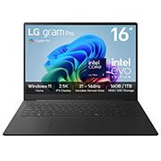 Front view of 16” LG gram Pro AI, Copilot+ PC, Windows 11 Home, Intel® Core™ Ultra Processor, Grey 16Z90TS-G.AU79A1
