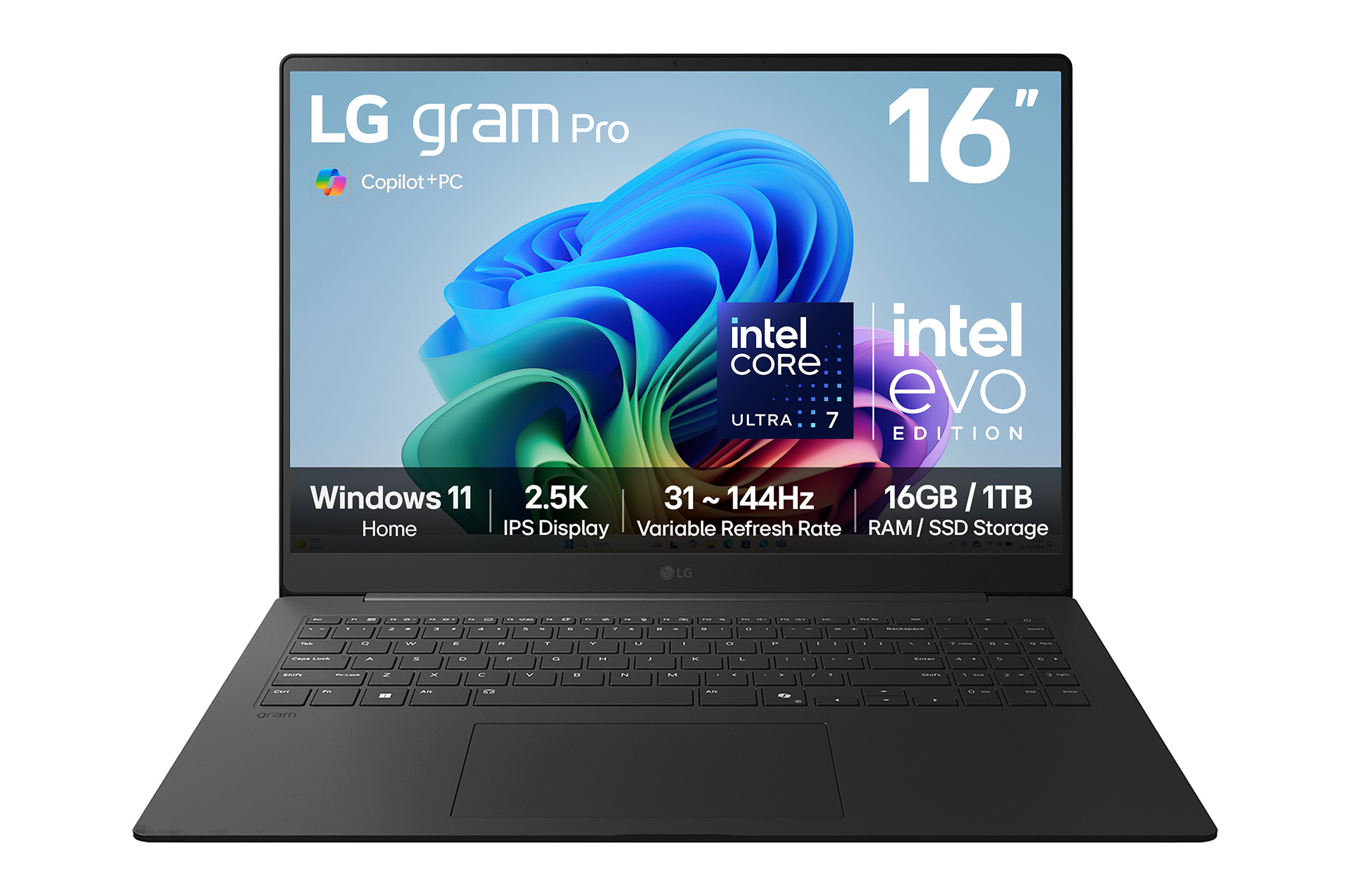 Front view of 16” LG gram Pro AI, Copilot+ PC, 16GB RAM, Intel® Core™ Ultra Processor, gram Hybrid AI, Meta Gray - 16Z90TS-G