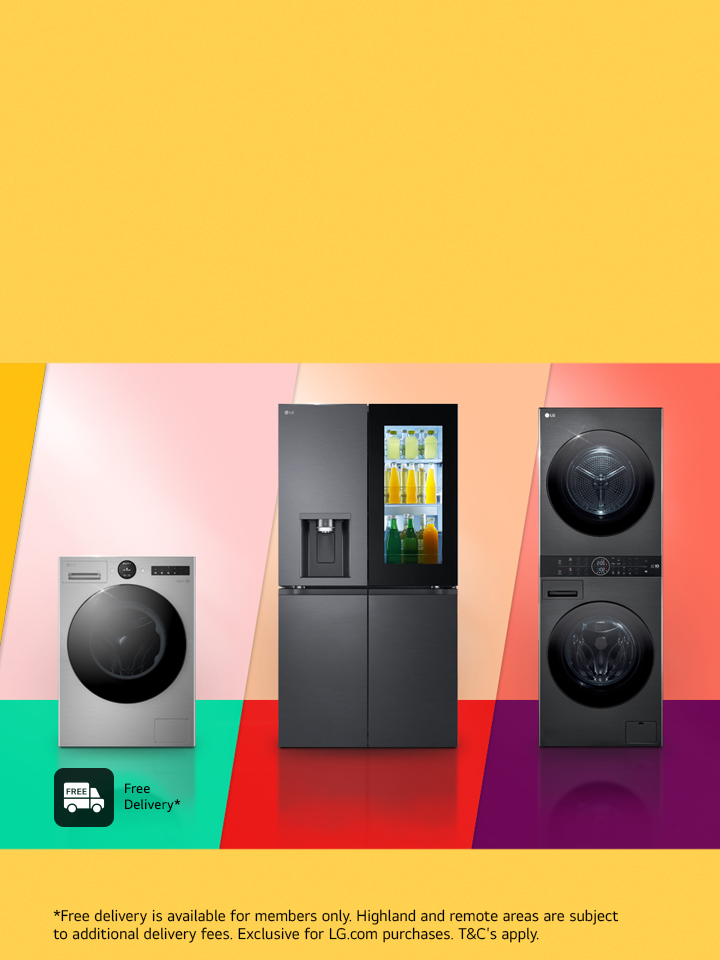 LG Washing Machine, Fridge Freezer and WashTower, with multi-coloured background