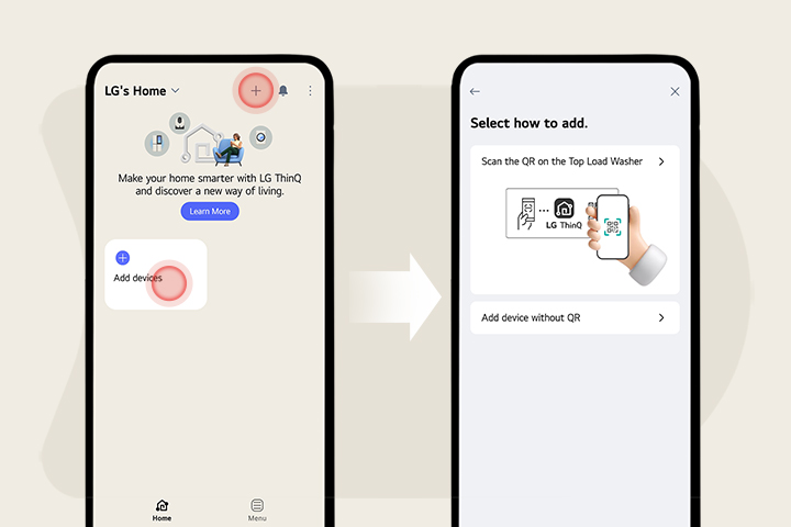 Phone screens showing LG ThinQ home and device add options with QR scan and manual add