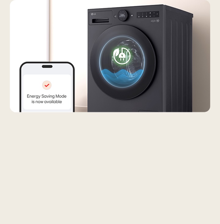 LG washer with energy saving mode icon next to phone screen showing mode status in bright room