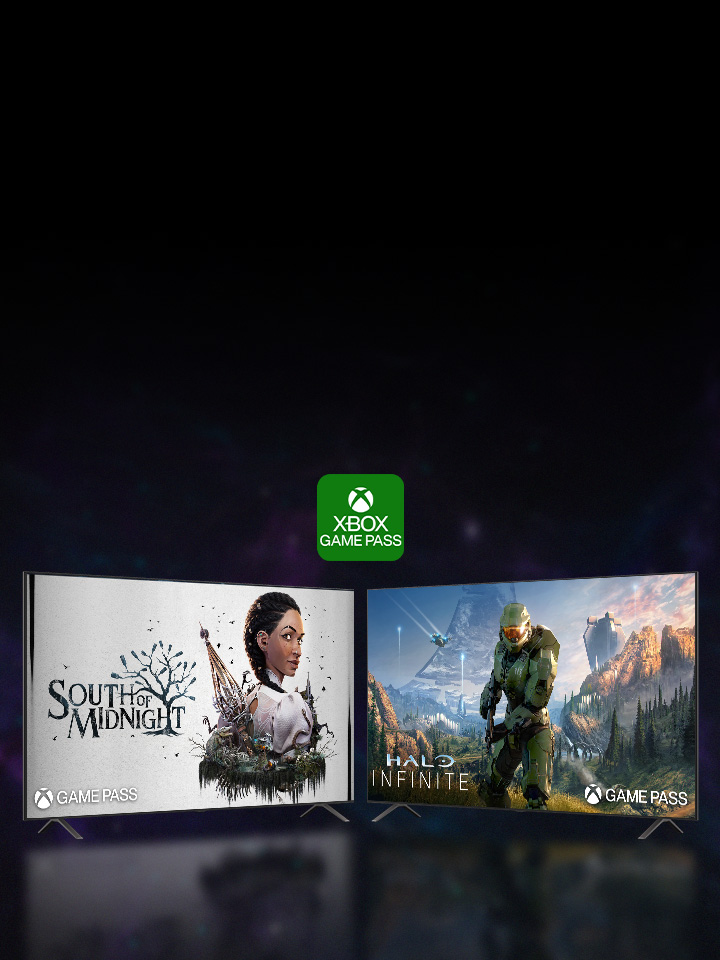 Two LG Smart TVs displaying different Xbox game screens, showcasing high-quality gaming experiences available through Xbox Game Pass Ultimate on LG TV.