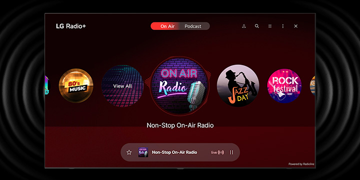 LG TV screen showing various radio service logos surrounded by dynamic soundwave graphics, highlighting LG Radio+ as a free platform for music, podcasts, and radio content.