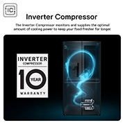 Invertor Compressor With 10 Years Warranty And A Visual Showing Cold Air Flow 