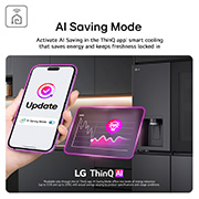 Feature Card Showing AI Saving Mode Through Thin Q App Hand Is Holding Phone To Switch On Feature With Fridge In The Background 