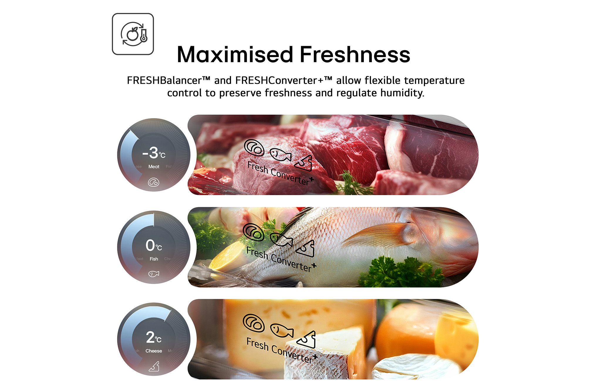 Imag Feature Card Showing  Maximised Freshness With Fresh Convertor And Optimal Temperature For Meats Cheese and Fish  