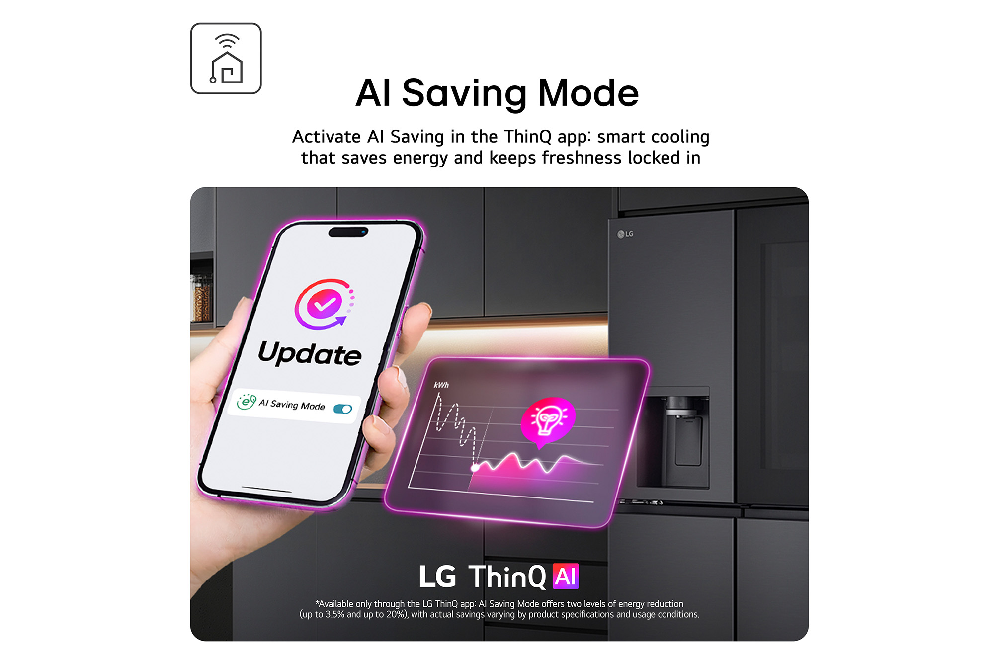 Feature Card Showing AI Saving Mode Through Thin Q App Hand Is Holding Phone To Switch On Feature With Fridge In The Background 