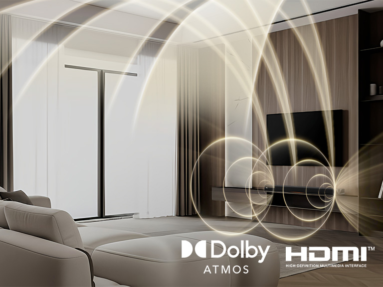 1) LG Sound Suite placed in a living room, demonstrating flexible speaker placement for an immersive home sound system 2) LG Sound Suite with Dolby Atmos FlexConnect technology detects each speaker’s location to optimize surround sound systems 3) Close-up of the LG Sound Suite W7 woofer with its driver showing deep bass performance down to 29.5 Hz