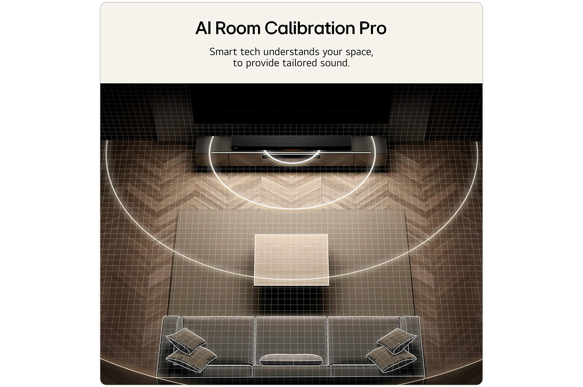 Feature card AI Room Calibration Pro  with wave audio coming out from the H7 as an illustration of how it works by scanning the area