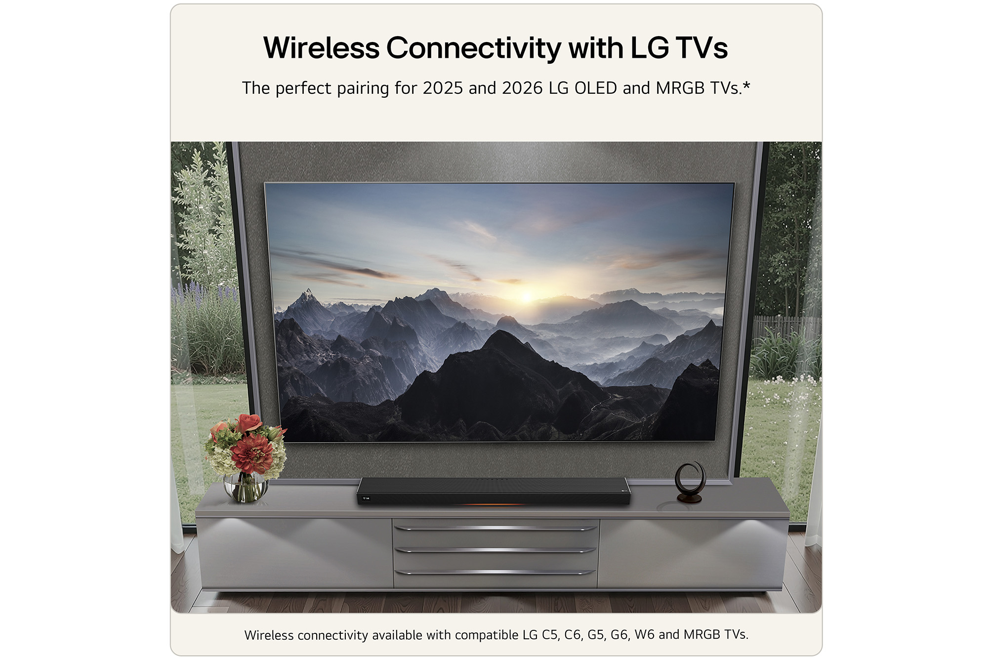 Feature card Designed for LG OLED TVs - showing a lifestyle image with OLED G5 or C5 TVs with the H7 wire-free setup