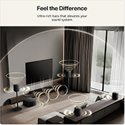 Feature card Feel the Difference - Showing the sound suite setup with ultra-rich bass that elevates the sound system