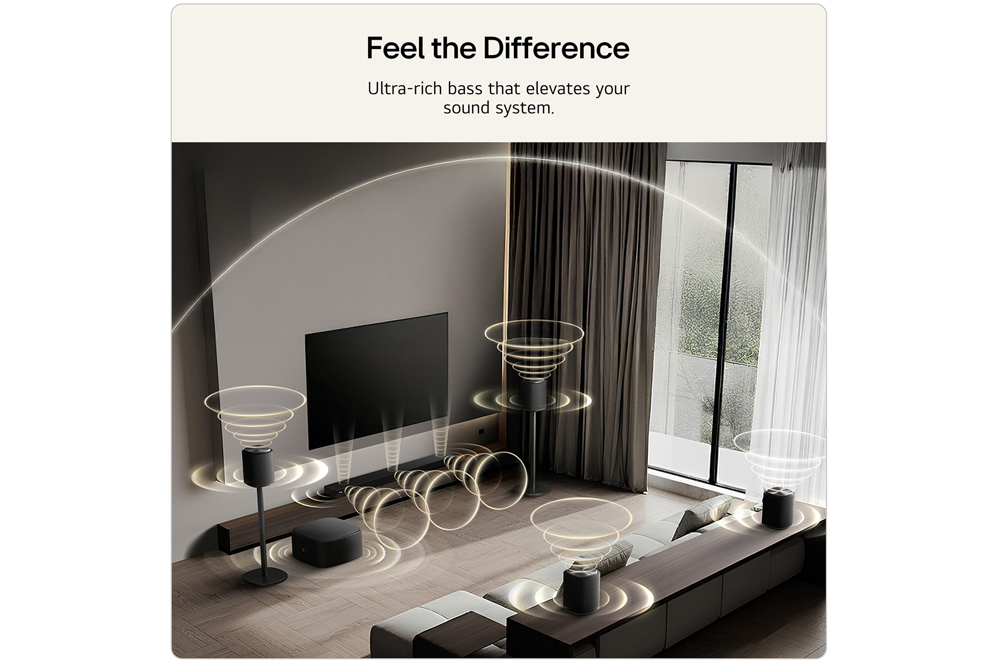 Feature card Feel the Difference - Showing the sound suite setup with ultra-rich bass that elevates the sound system