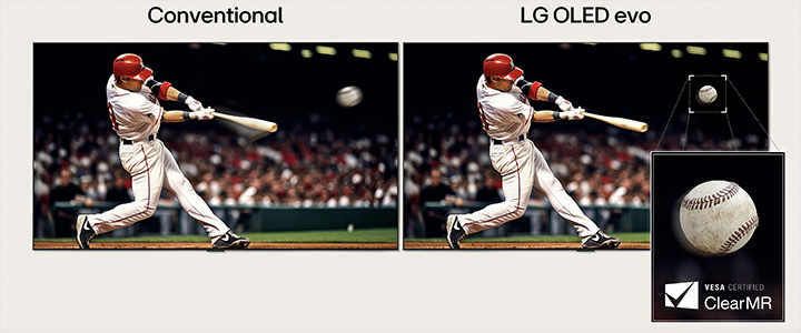 Side-by-side comparison of a baseball game frame. On one side labeled conventional, there's a lot of motion blur around the baseball bat of the player and the baseball. On the other side labeled LG OLED evo, the action is captured perfectly without motion blur.