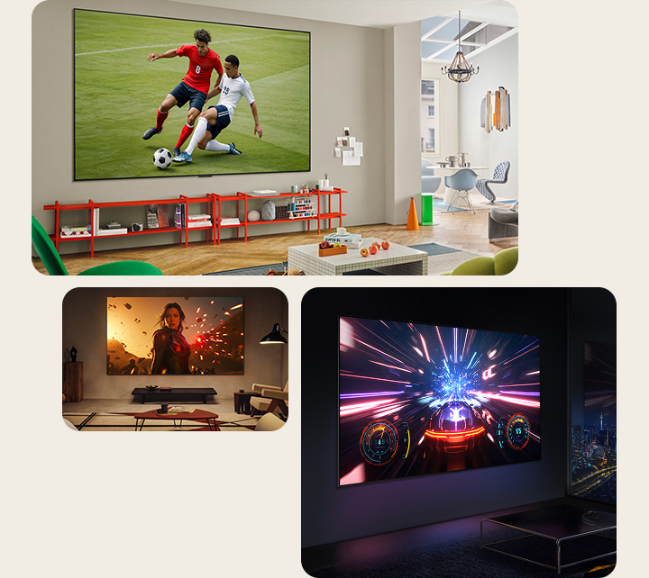 Different living rooms with people enjoying their Ultra Big TVs in different ways. In one room, they are watching sports. In the other room, they are watching a movie. In the last room, a video game is on the screen.