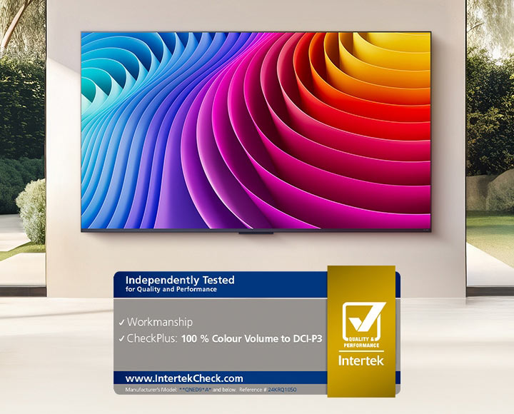 LG QNED evo TV mounted on the wall. Image on the screen shows the wider colour expression from its Dynamic QNED Colour Solution. Intertek certification for 100% Colour Volume to DCI-P3 is also visible.