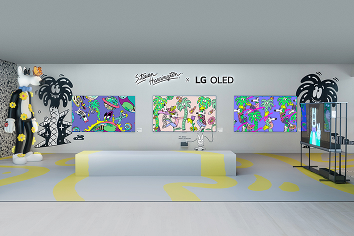 Exhibition space with Steven Harrington's playful artworks featured on LG OLED TVs.