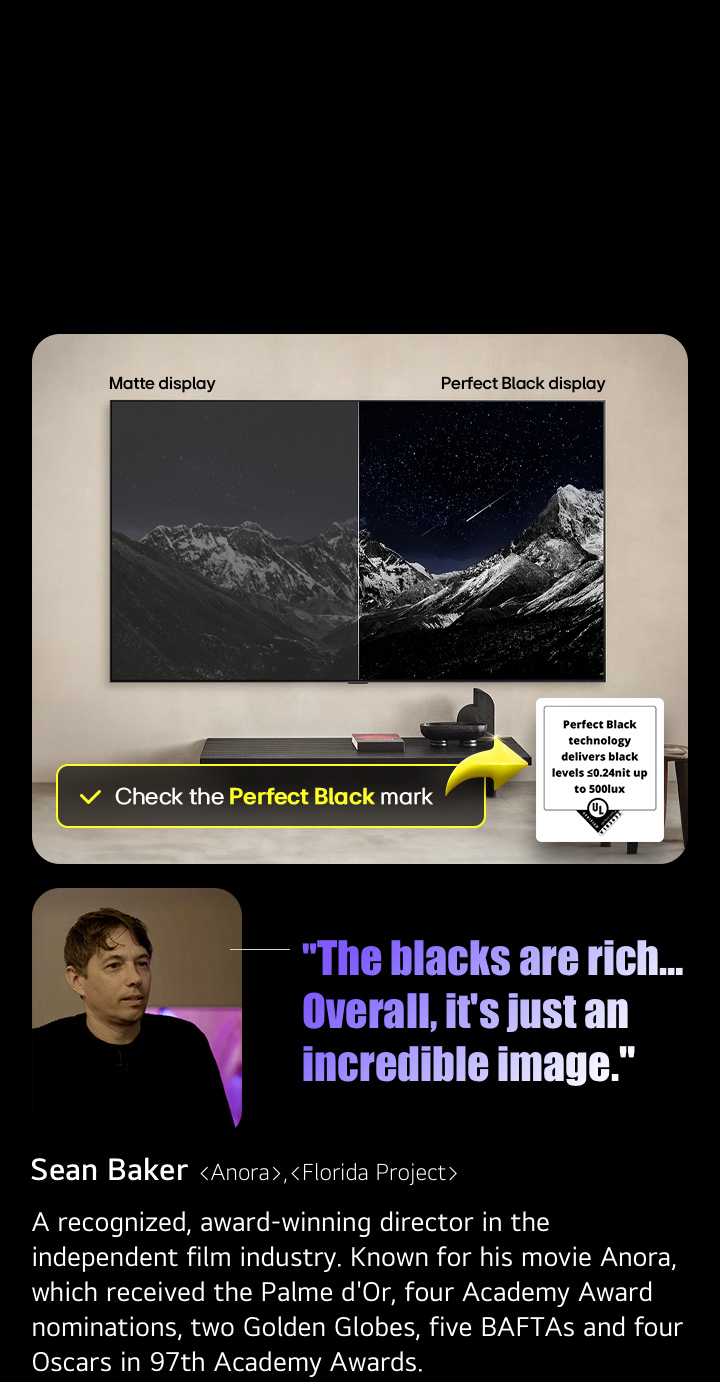 Wall-mounted LG OLED TV. On its screen is a mountain range against an evening sky filled with stars. The screen is split in half. On one end labeled Non Perfect Black display, the colours are dull and gray, the stars are hardly visible. On the other end labeled Perfect Black display, the blacks are deep and dark, the stars are bright and white, resulting in a very pleasing picture with high contrast.