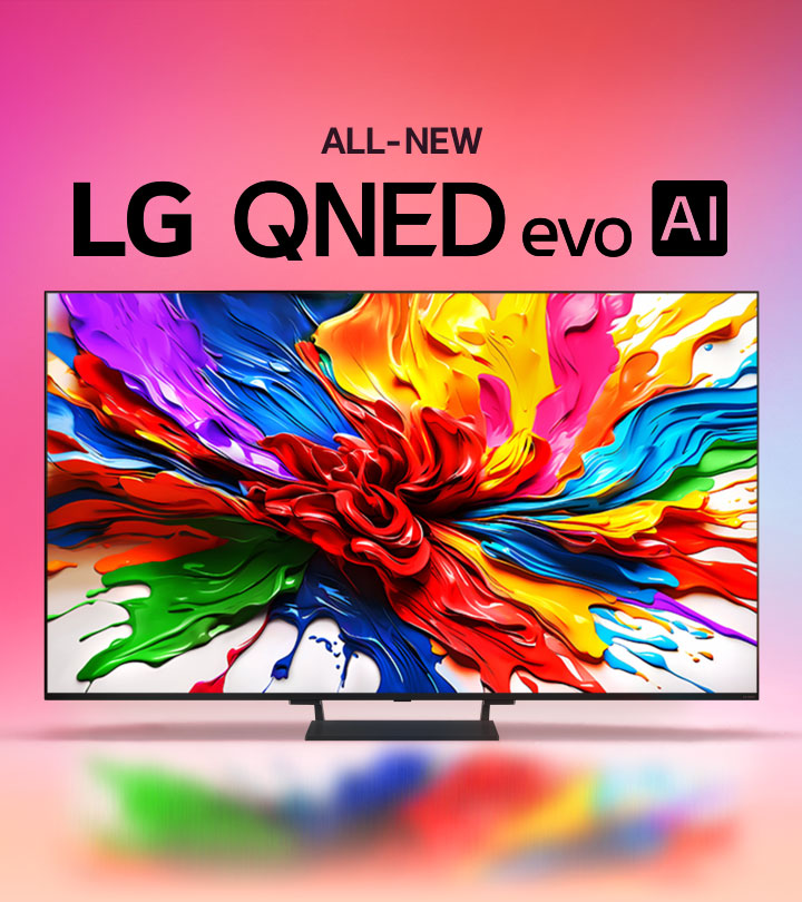 LG QNED TV against a colourful gradient background. On the screen is a beautifully saturated image of different paint splashes highlighting the Colour capabilities of the TV. The all new LG QNED evo AI logo is also visible.