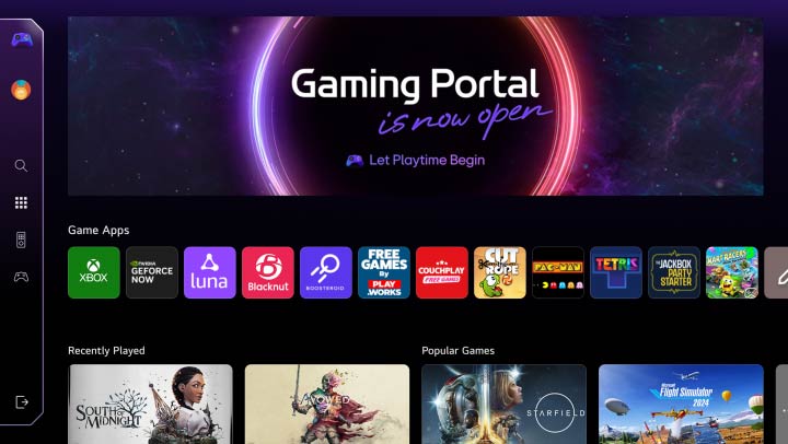 Gaming Portal home screen. Cursor moves and clicks to show many popular game titles, and the added function of being able to select games depending on the type of controller you have whether it's a game pad or the remote control. 	
