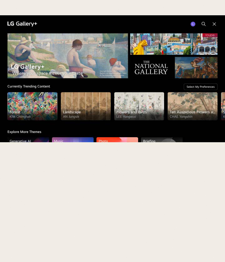 From the home screen of an LG TV, the process of setting your preferences to get auto-curated content is shown. From choosing between different kinds of content to receiving the personalized profile. 