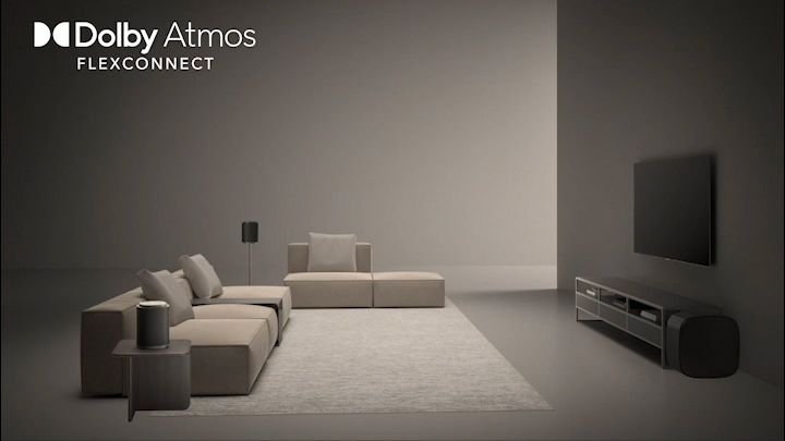 LG OLED evo AI G5 Sound Suite with DAFC (Dolby Atmos FlexConnect) shows a wide room where the TV and wireless speakers are freely positioned, conveying immersive Dolby Atmos audio optimized for flexible speaker placement.
