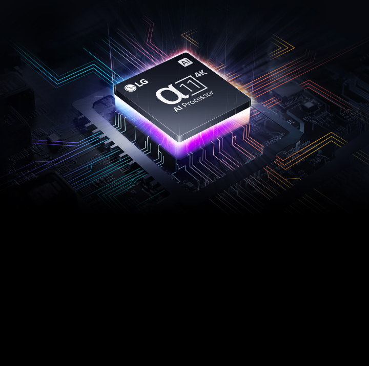 LG’s alpha 11 AI Processor 4K lights up in blue, purple gradient amidst colorful bolts shooting out from it. More bolts appear across the motherboard, stretching further.